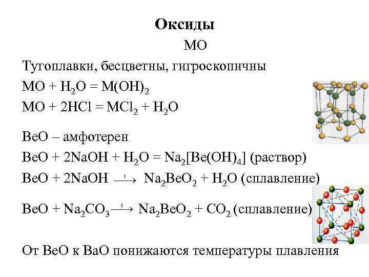 Оксиды MO Тугоплавки, бесцветны, гигроскопичны MO + Н 2 О = M(OH)2 MO +