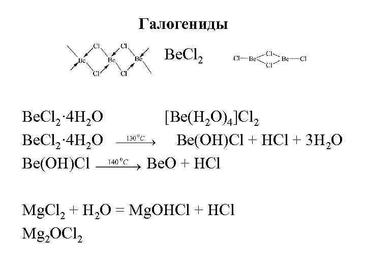 Галогениды Be. Cl 2· 4 H 2 O Be(OH)Cl [Be(H 2 O)4]Cl 2 Be(OH)Cl