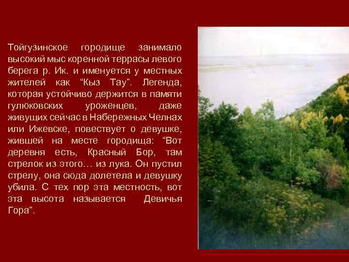 Тойгузинское городище занимало высокий мыс коренной террасы левого берега р. Ик. и именуется у