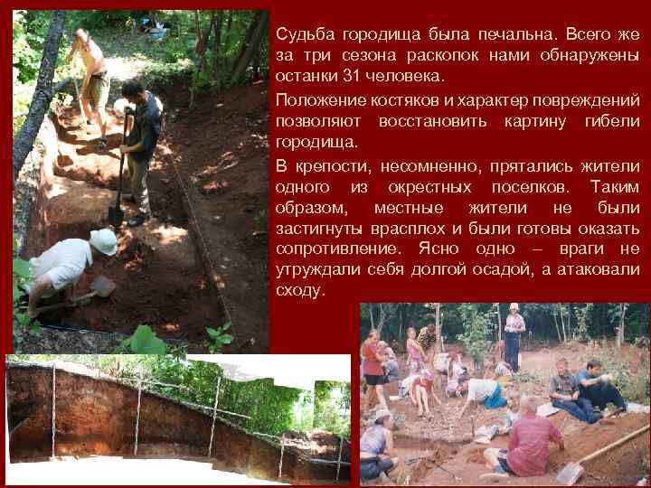 Судьба городища была печальна. Всего же за три сезона раскопок нами обнаружены останки 31