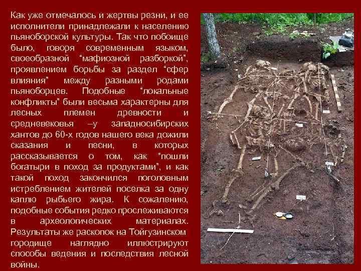 Как уже отмечалось и жертвы резни, и ее исполнители принадлежали к населению пьяноборской культуры.