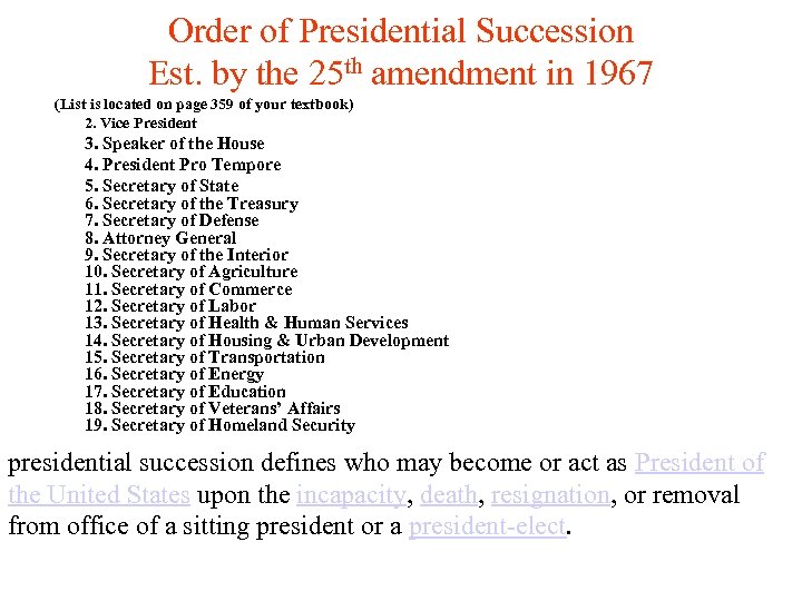 Order of Presidential Succession Est. by the 25 th amendment in 1967 (List is