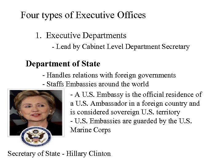 Four types of Executive Offices 1. Executive Departments - Lead by Cabinet Level Department