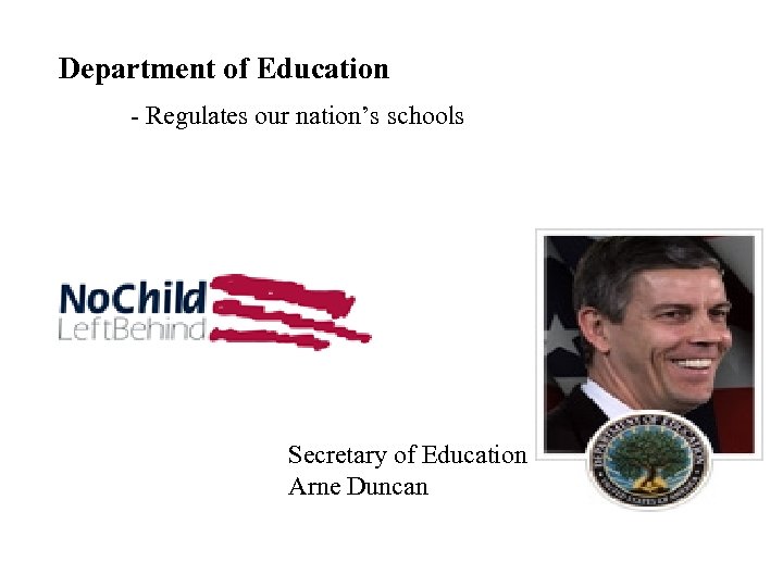 Department of Education - Regulates our nation’s schools Secretary of Education Arne Duncan 