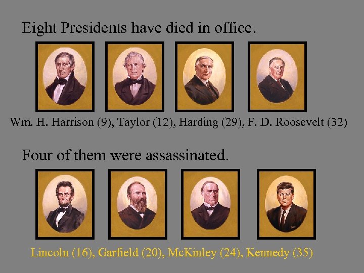 Eight Presidents have died in office. Wm. H. Harrison (9), Taylor (12), Harding (29),