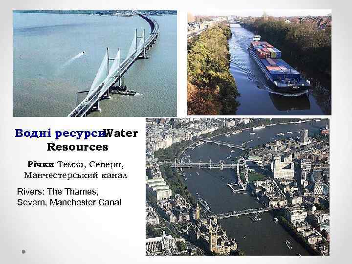 Водні ресурси Water Resources Річки Темза, Северн, : Манчестерський канал Rivers: The Thames, Severn,