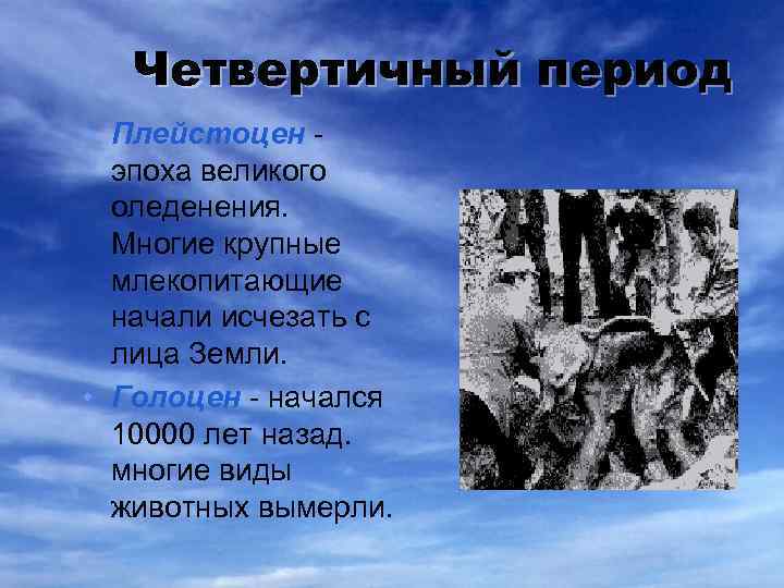 Четвертичный период • Плейстоцен эпоха великого оледенения. Многие крупные млекопитающие начали исчезать с лица