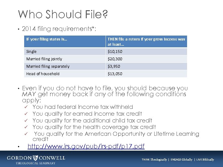 Who Should File? • 2014 filing requirements*: IF your filing status is… Single $10,