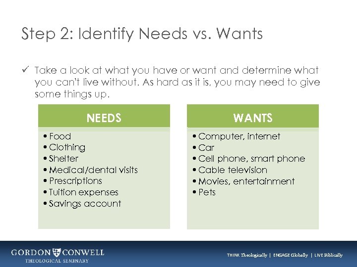 Step 2: Identify Needs vs. Wants ü Take a look at what you have