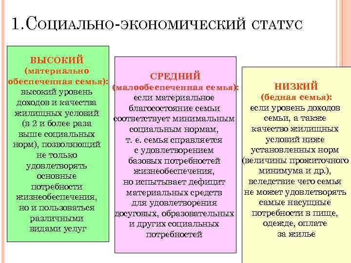 1. СОЦИАЛЬНО ЭКОНОМИЧЕСКИЙ СТАТУС ВЫСОКИЙ (материально СРЕДНИЙ обеспеченная семья): НИЗКИЙ (малообеспеченная семья): высокий уровень