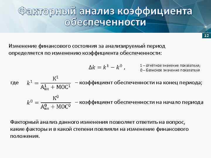 Факторный анализ коэффициента обеспеченности 12 Изменение финансового состояния за анализируемый период определяется по изменению