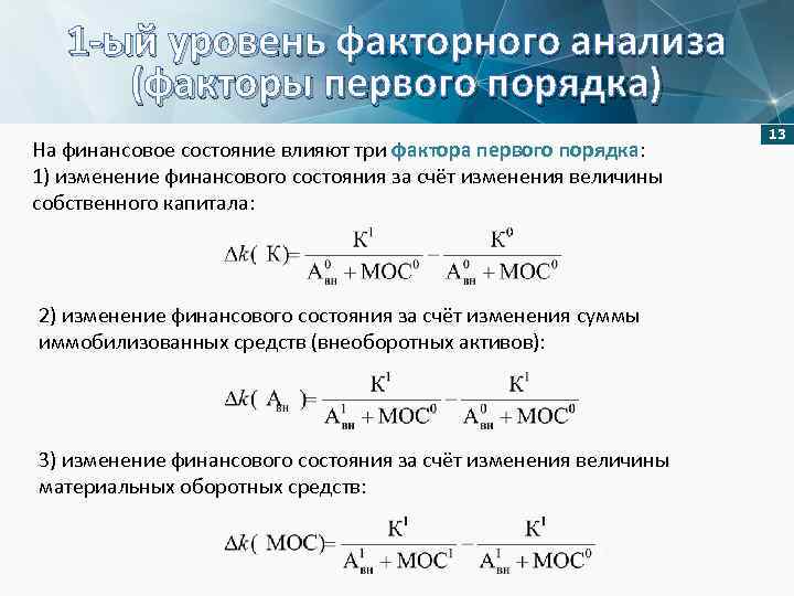 1 -ый уровень факторного анализа (факторы первого порядка) На финансовое состояние влияют три фактора