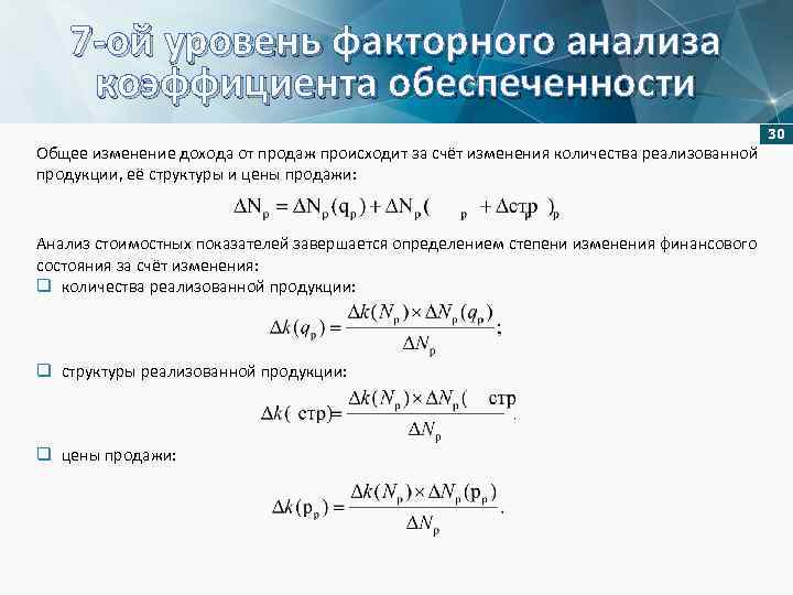 7 -ой уровень факторного анализа коэффициента обеспеченности 30 Общее изменение дохода от продаж происходит