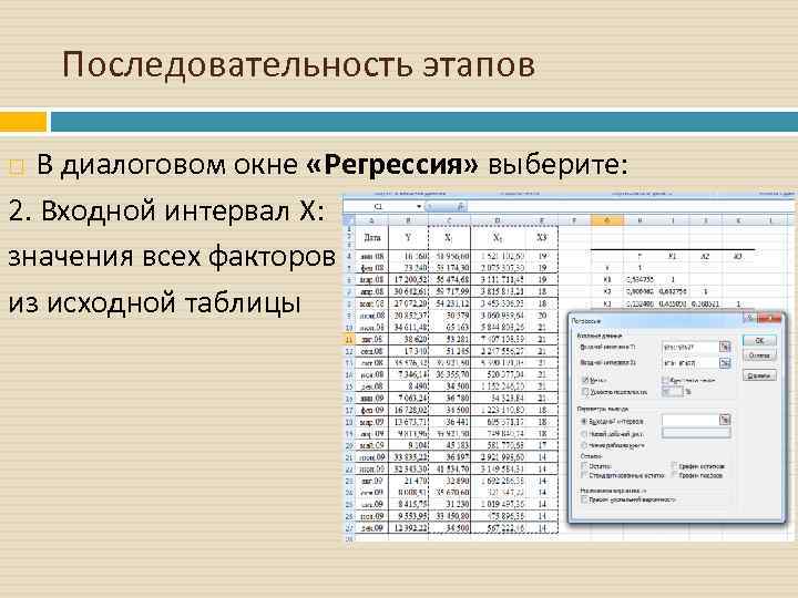 Последовательность этапов В диалоговом окне «Регрессия» выберите: 2. Входной интервал Х: значения всех факторов