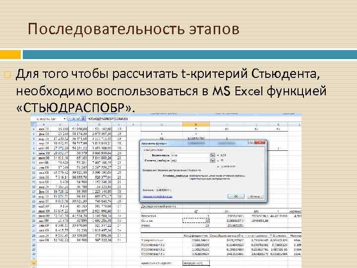 Последовательность этапов Для того чтобы рассчитать t-критерий Стьюдента, необходимо воспользоваться в MS Excel функцией