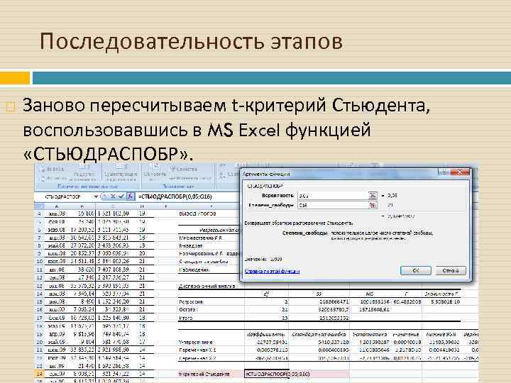 Последовательность этапов Заново пересчитываем t-критерий Стьюдента, воспользовавшись в MS Excel функцией «СТЬЮДРАСПОБР» . 