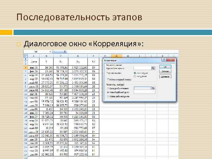 Последовательность этапов Диалоговое окно «Корреляция» : 