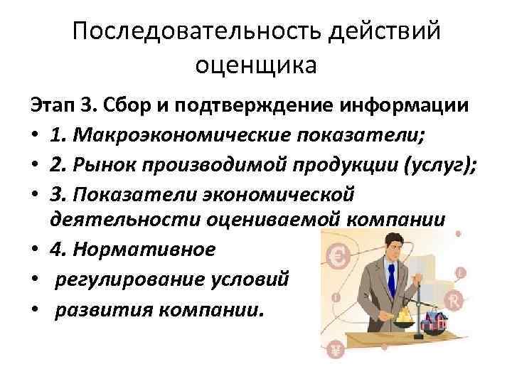Последовательность действий оценщика Этап 3. Сбор и подтверждение информации • 1. Макроэкономические показатели; •