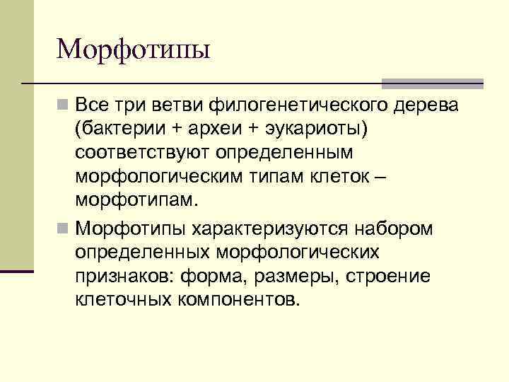 Морфотипы n Все три ветви филогенетического дерева (бактерии + археи + эукариоты) соответствуют определенным