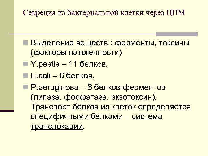 Секреция из бактериальной клетки через ЦПМ n Выделение веществ : ферменты, токсины (факторы патогенности)