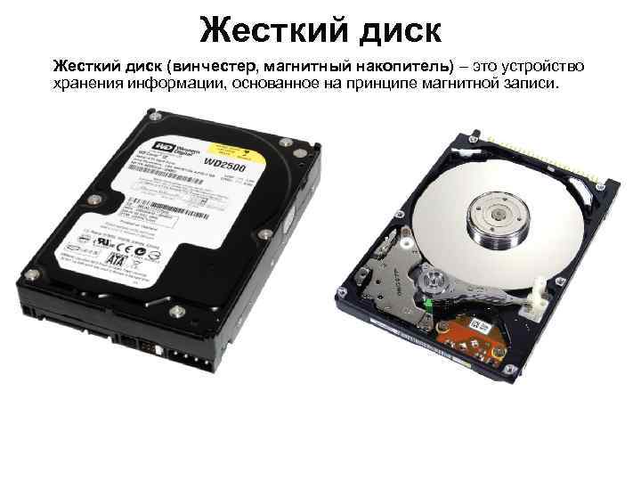 Жесткий диск (винчестер, магнитный накопитель) – это устройство хранения информации, основанное на принципе магнитной