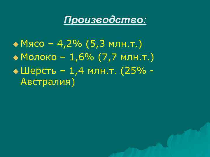 Производство: u Мясо – 4, 2% (5, 3 млн. т. ) u Молоко –