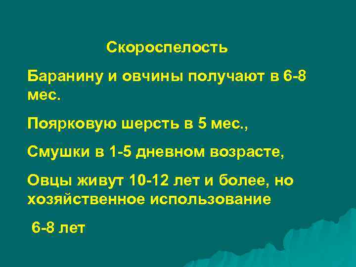 Скороспелость Баранину и овчины получают в 6 -8 мес. Поярковую шерсть в 5 мес.