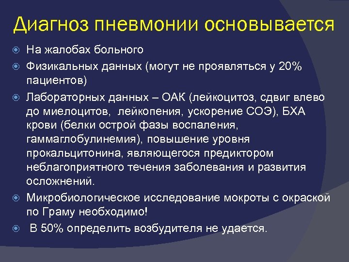 Диагноз пневмонии основывается На жалобах больного Физикальных данных (могут не проявляться у 20% пациентов)