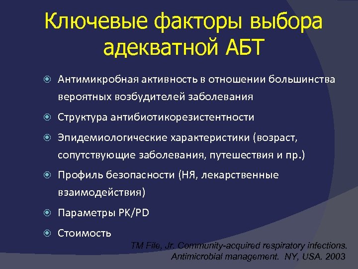 Ключевые факторы выбора адекватной АБТ Антимикробная активность в отношении большинства вероятных возбудителей заболевания Структура