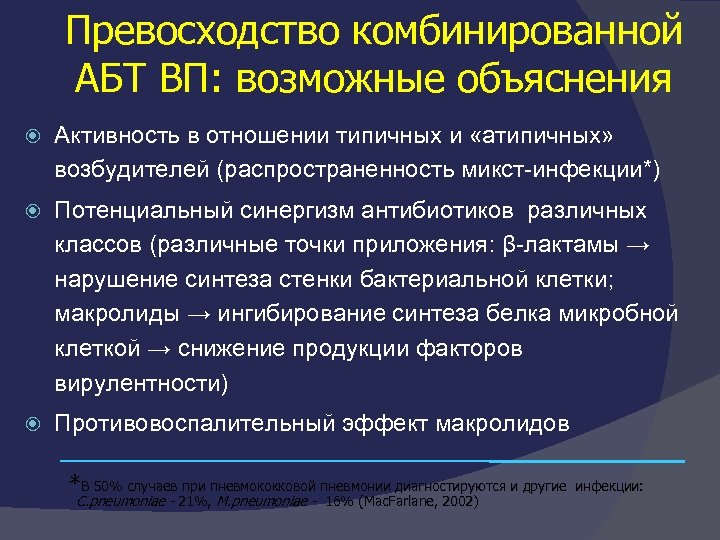 Превосходство комбинированной АБТ ВП: возможные объяснения Активность в отношении типичных и «атипичных» возбудителей (распространенность