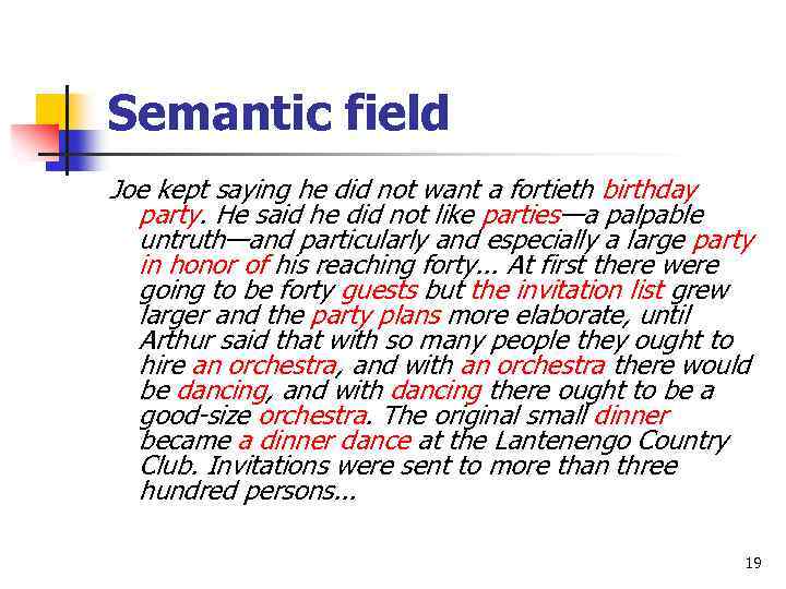 Semantic field Joe kept saying he did not want a fortieth birthday party. He