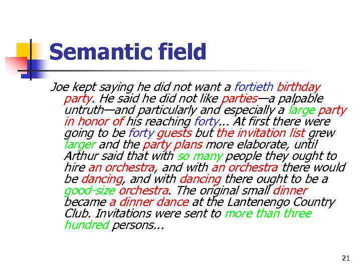 Semantic field Joe kept saying he did not want a fortieth birthday party. He
