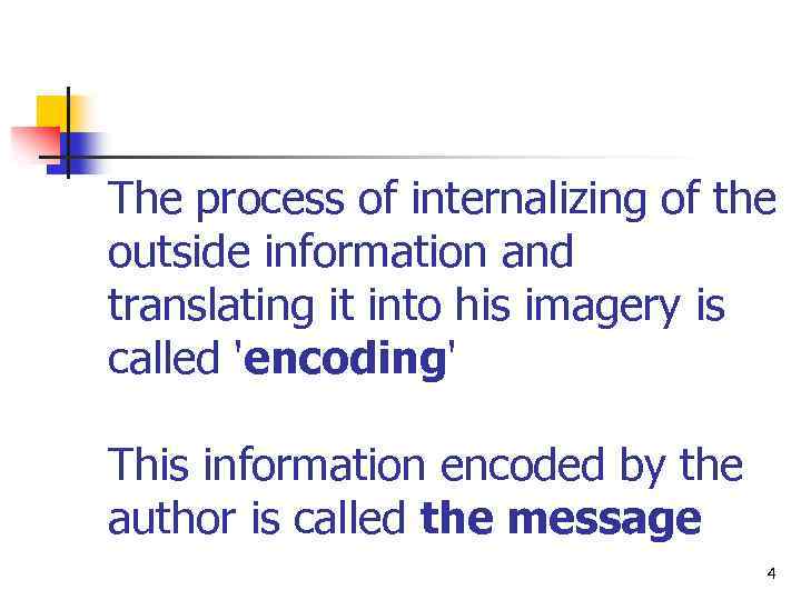 The process of internalizing of the outside information and translating it into his imagery