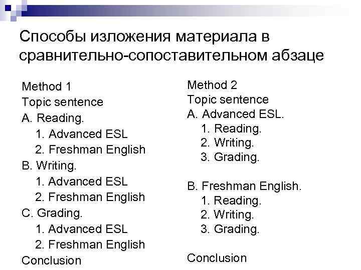 Способы изложения материала в сравнительно-сопоставительном абзаце Method 1 Topic sentence A. Reading. 1. Advanced