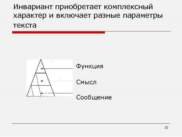 Инвариант приобретает комплексный характер и включает разные параметры текста Функция Смысл Сообщение 10 