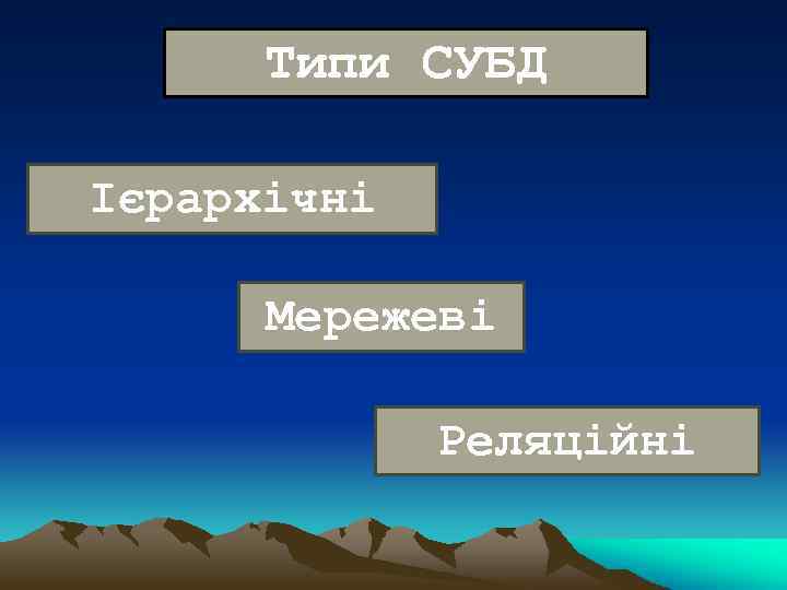 Типи СУБД Ієрархічні Мережеві Реляційні 