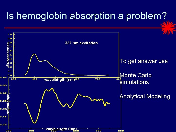 fluorescence Is hemoglobin absorption a problem? 337 nm excitation To get answer use wavelength