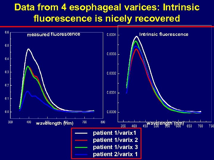 Data from 4 esophageal varices: Intrinsic fluorescence is nicely recovered measured fluorescence Intrinsic fluorescence