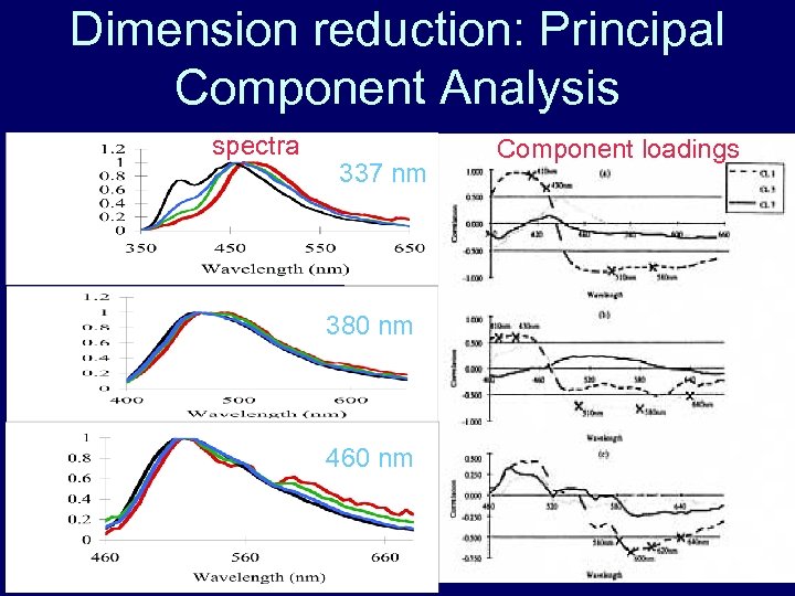 Dimension reduction: Principal Component Analysis spectra 337 nm 380 nm 460 nm Component loadings