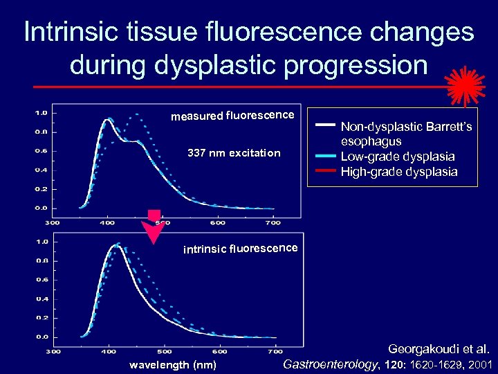 Intrinsic tissue fluorescence changes during dysplastic progression measured fluorescence 337 nm excitation Non-dysplastic Barrett’s