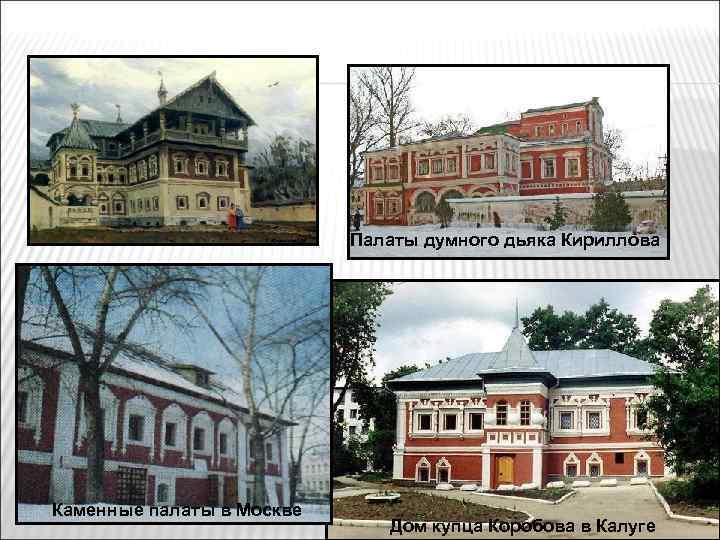 Палаты думного дьяка Кириллова Каменные палаты в Москве Дом купца Коробова в Калуге 