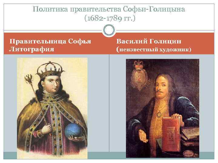 Политика правительства Софьи-Голицына (1682 -1789 гг. ) Правительница Софья Литография Василий Голицин (неизвестный художник)