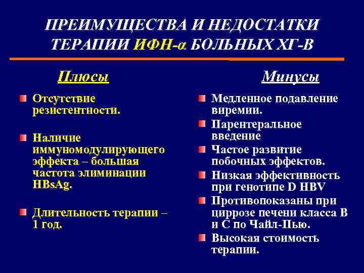 ПРЕИМУЩЕСТВА И НЕДОСТАТКИ ТЕРАПИИ ИФН-α БОЛЬНЫХ ХГ-В Плюсы Отсутствие резистентности. Наличие иммуномодулирующего эффекта –
