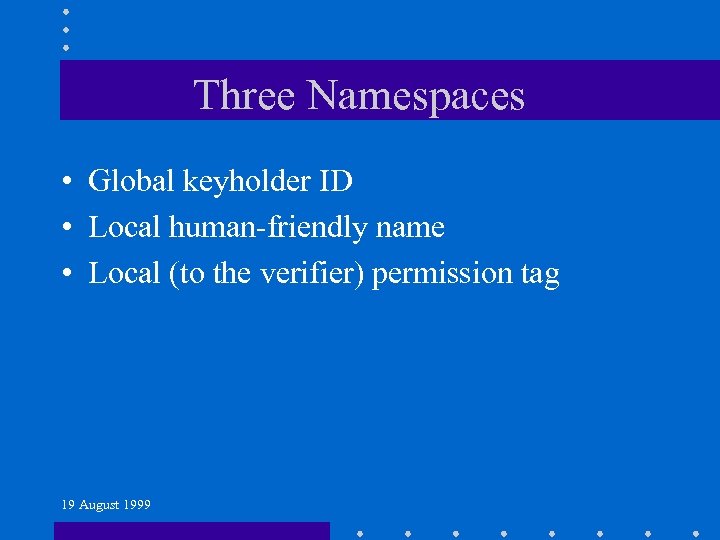 Three Namespaces • Global keyholder ID • Local human-friendly name • Local (to the