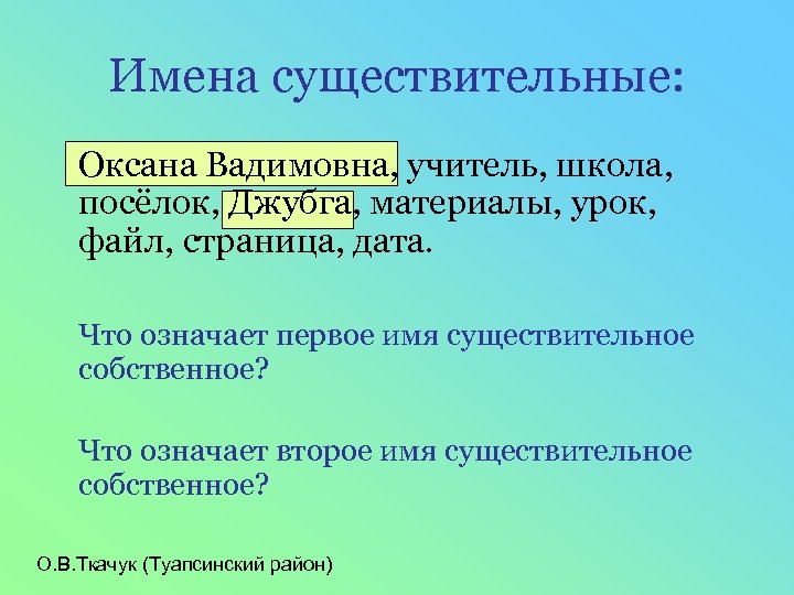 Имена существительные: Оксана Вадимовна, учитель, школа, посёлок, Джубга, материалы, урок, файл, страница, дата. Что