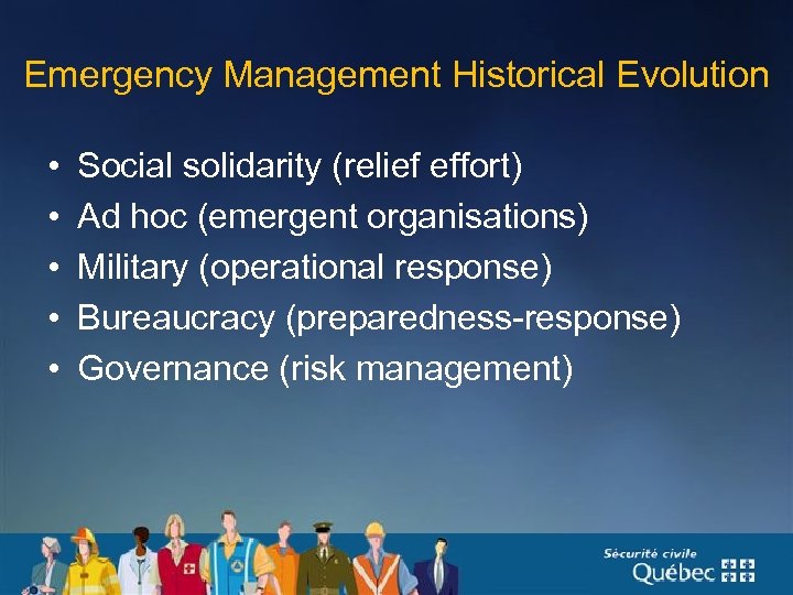 Emergency Management Historical Evolution • • • Social solidarity (relief effort) Ad hoc (emergent