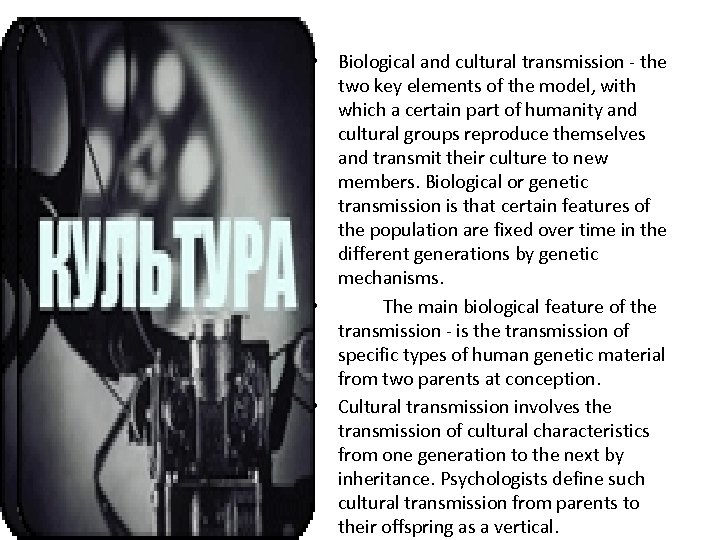  • Biological and cultural transmission - the two key elements of the model,