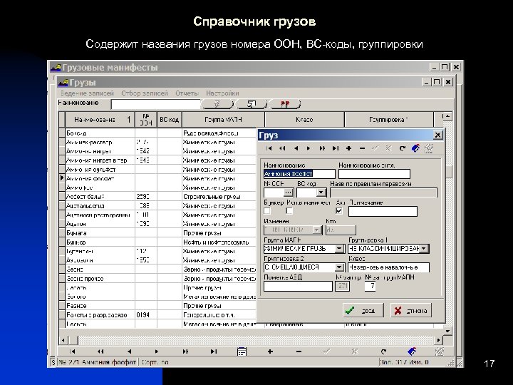 Справочник грузов Содержит названия грузов номера ООН, BC-коды, группировки 17 