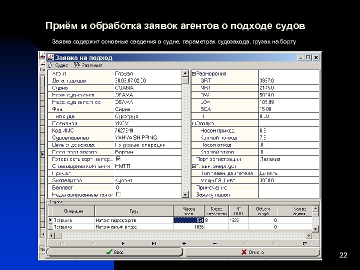 Приём и обработка заявок агентов о подходе судов Заявка содержит основные сведения о судне,