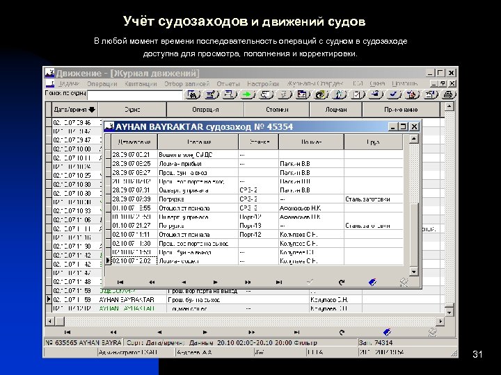 Учёт судозаходов и движений судов В любой момент времени последовательность операций с судном в